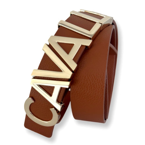 Cavalli Class Logo Buckle Leather Belt — Brown