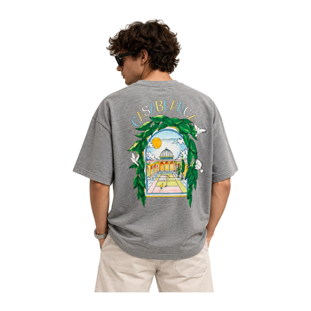 Casablanca Tennis Court Print T-Shirt Grey back worn