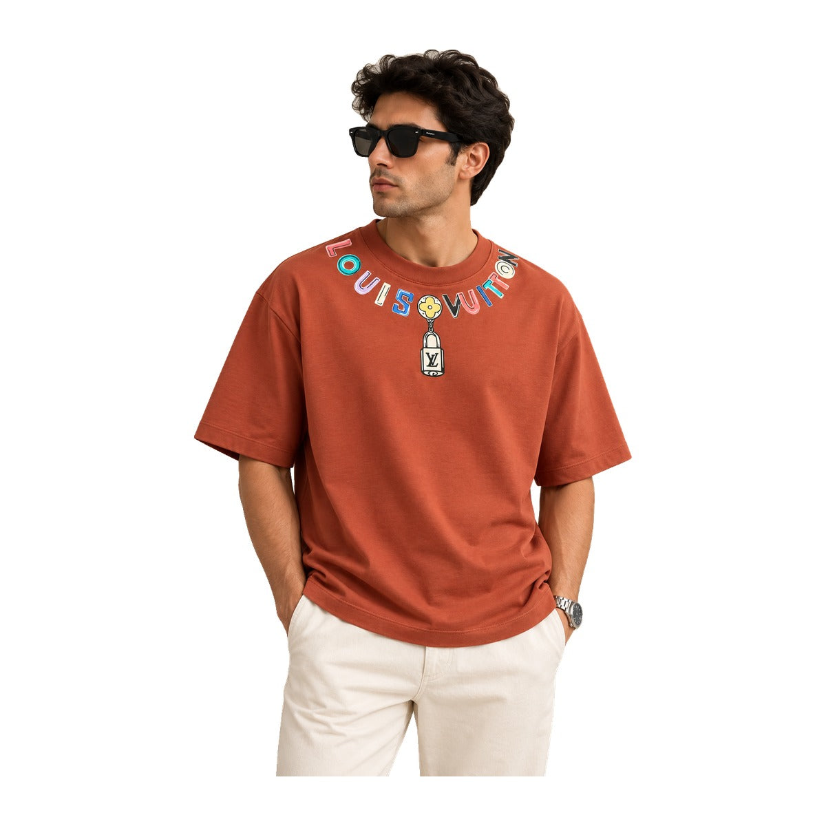Louis Vuitton Padlock Necklace Print T-Shirt Brick worn