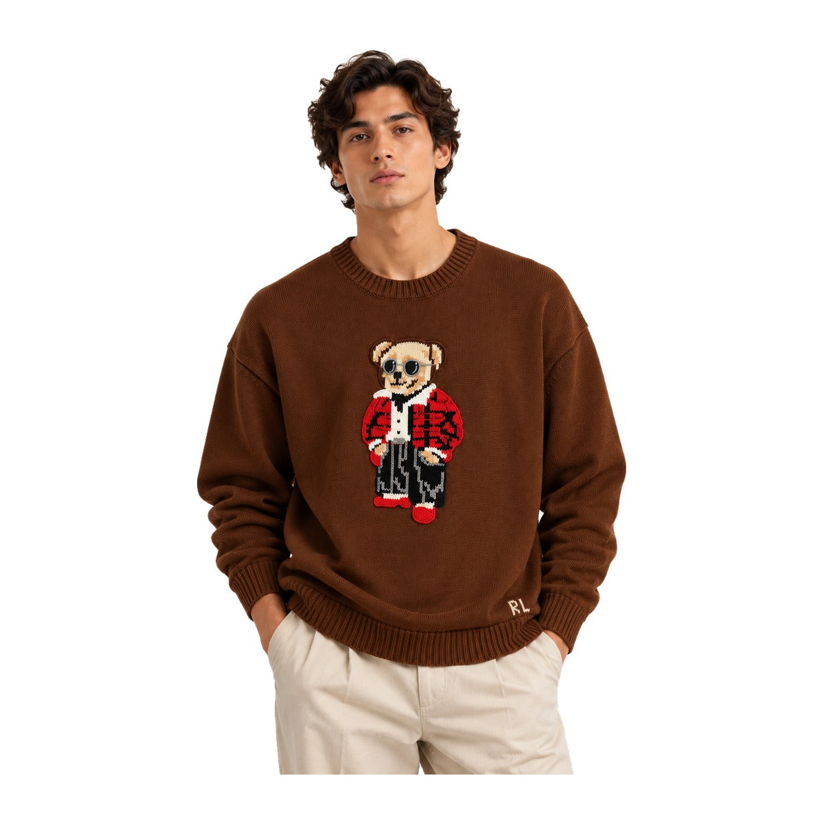 Ralph Lauren Purple Label Polo Bear Knit Sweater Brown worn